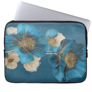 Blue Poppy Botanical Gold Line Art Floral Laptop Sleeve