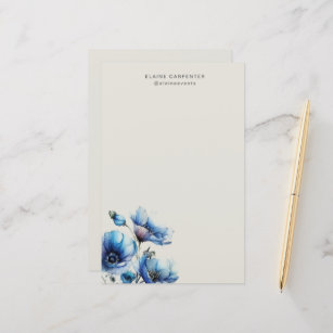 Blue Poppy Floral Monogram Stationery Paper