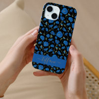 Blue Poppy Flowers Black Botanical Pattern