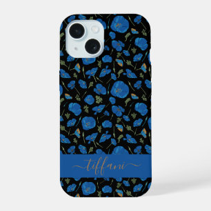 Blue Poppy Flowers Black Botanical Pattern iPhone 15 Case