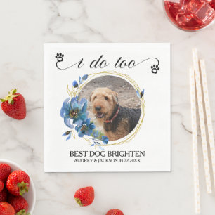 Blue Poppy Frame Dog Photo Wedding Napkin