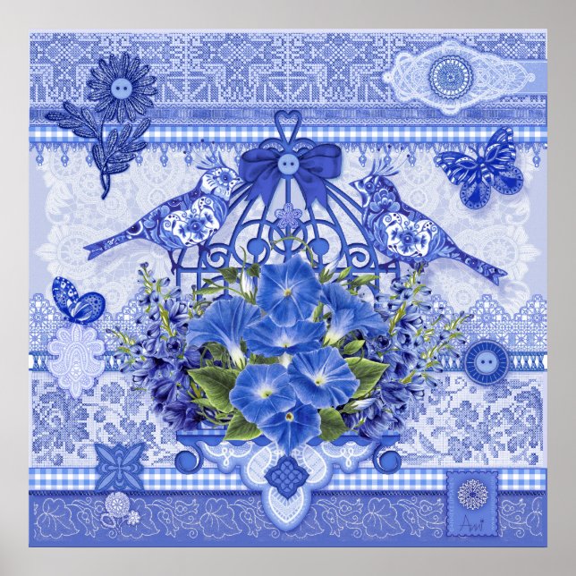 Blue Porcelain Birds and Birdcage Poster (Front)