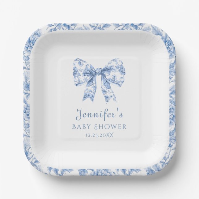 Blue Porcelain Bow Floral Toile Baby Boy Shower Paper Plate (Front)