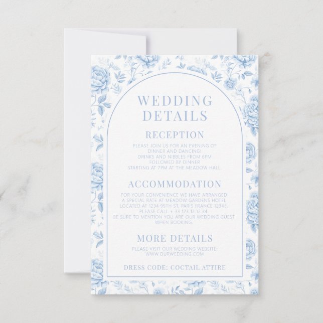 Blue Porcelain Chinoiserie Floral Wedding Details  Invitation (Front)