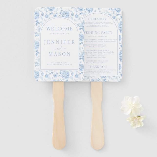 Blue Porcelain Chinoiserie Wedding Program Hand Fan (Front and Back)