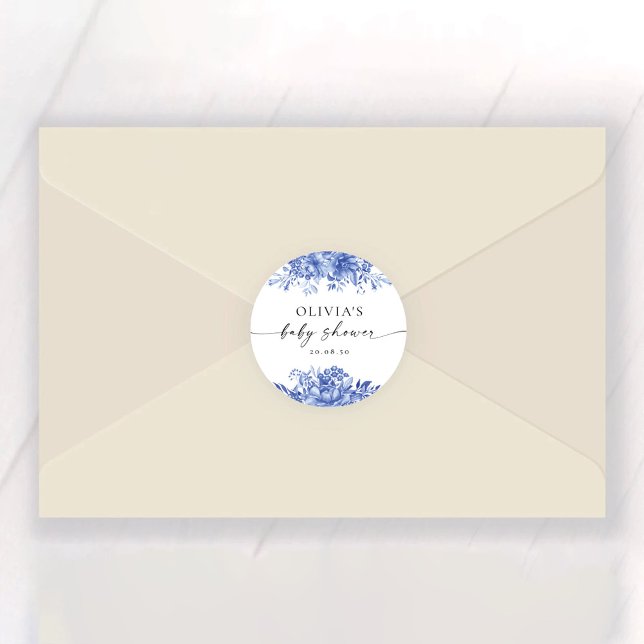 Blue Porcelain Floral Baby Shower Sticker (Creator Uploaded)