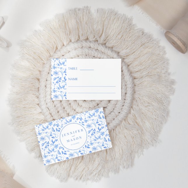 Blue porcelain floral folk wedding Flat Place Card (Creator Uploaded)