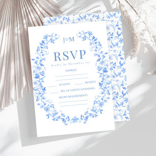 Blue porcelain floral folk wedding RSVP cards