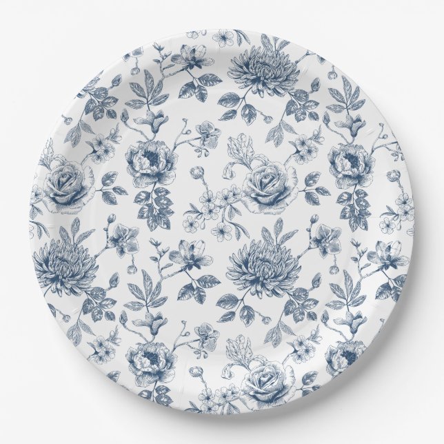 Blue  Porcelain Floral Paper Plate (Front)