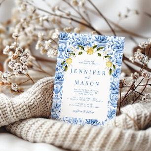 Blue porcelain tiles boho arch wedding Invitation