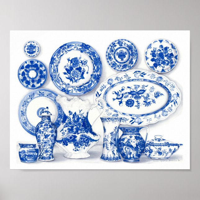 Blue Porcelain Watercolor Art Poster (Front)