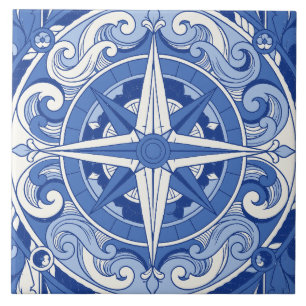 Blue Portuguese Azulejo Compass Rose Medallion Tile