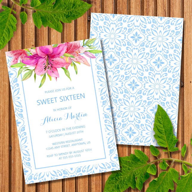 Blue Portuguese Azulejo Tiles Lily 16th Birthday Invitation (Creator Uploaded)