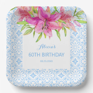 Blue Portuguese Azulejo Tiles Lily Birthday Paper Plate