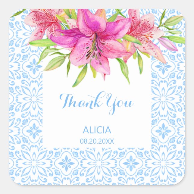 Blue Portuguese Azulejo Tiles Lily Thank You Square Sticker (Front)