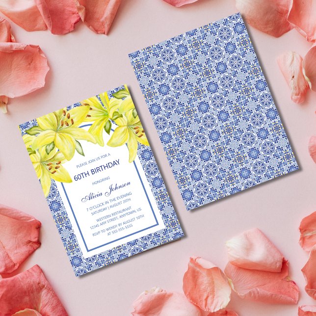 Blue Portuguese Azulejo Yellow Lily Birthday Invitation (Creator Uploaded)