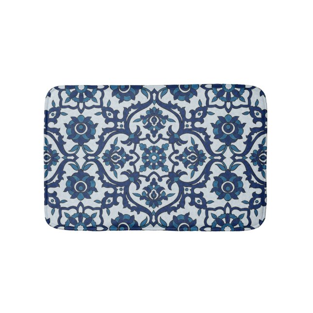 Blue Portuguese Azulejos Floral Tile Pattern Bath Mat (Front)