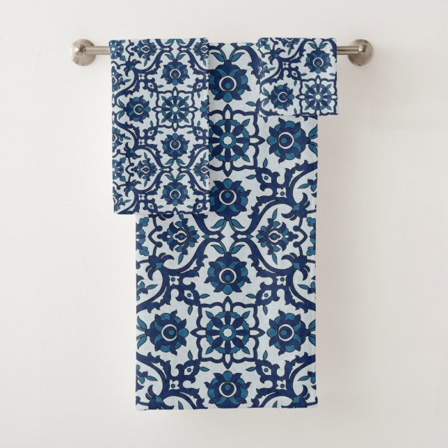 Blue Portuguese Azulejos Floral Tile Pattern Bath Towel Set (Insitu)