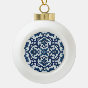 Blue Portuguese Azulejos Floral Tile Pattern Ceramic Ball Christmas Ornament