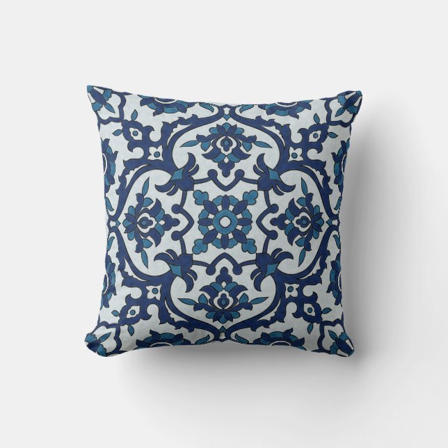 Blue Portuguese Azulejos Floral Tile Pattern Cushion (Front)
