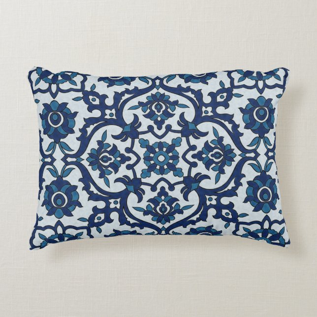 Blue Portuguese Azulejos Floral Tile Pattern Decorative Cushion (Front)