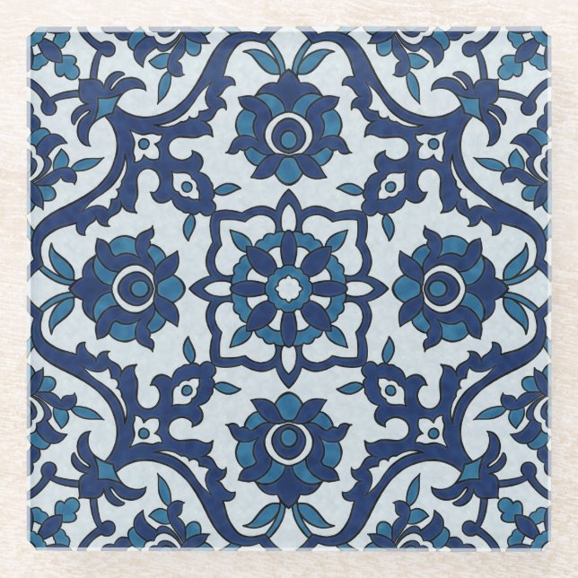Blue Portuguese Azulejos Floral Tile Pattern Glass Coaster (Front)