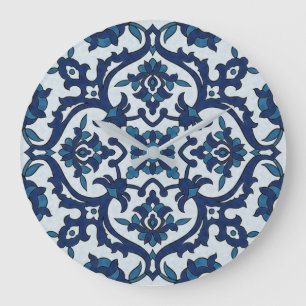 Blue Portuguese Azulejos Floral Tile Pattern Large Clock
