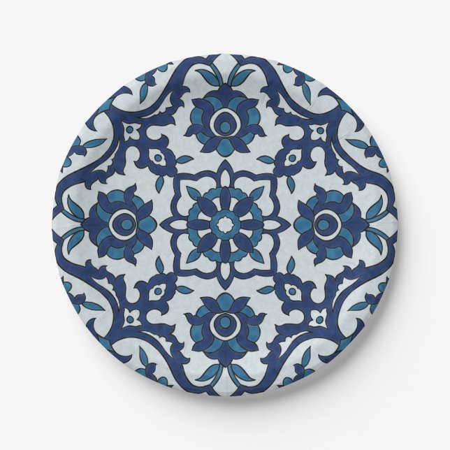 Blue Portuguese Azulejos Floral Tile Pattern Paper Plate (Front)