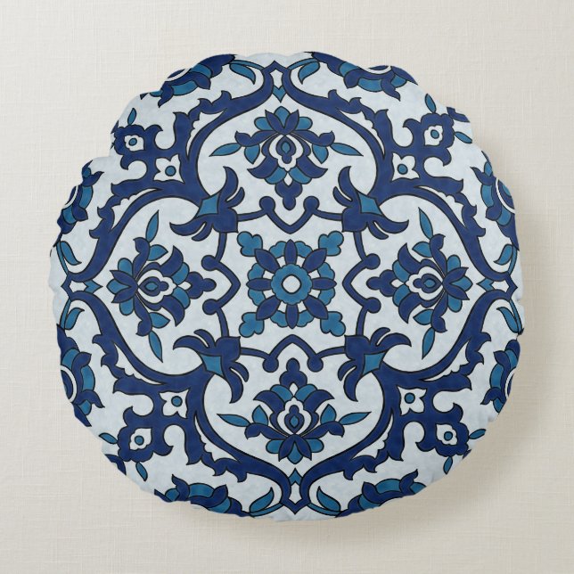 Blue Portuguese Azulejos Floral Tile Pattern Round Cushion (Front)