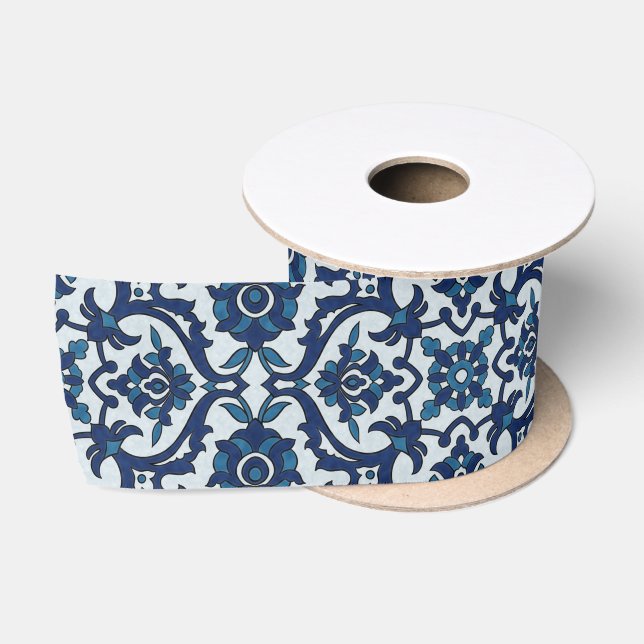 Blue Portuguese Azulejos Floral Tile Pattern Satin Ribbon (Spool)