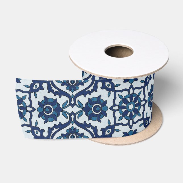 Blue Portuguese Azulejos Floral Tile Pattern Satin Ribbon (Spool)