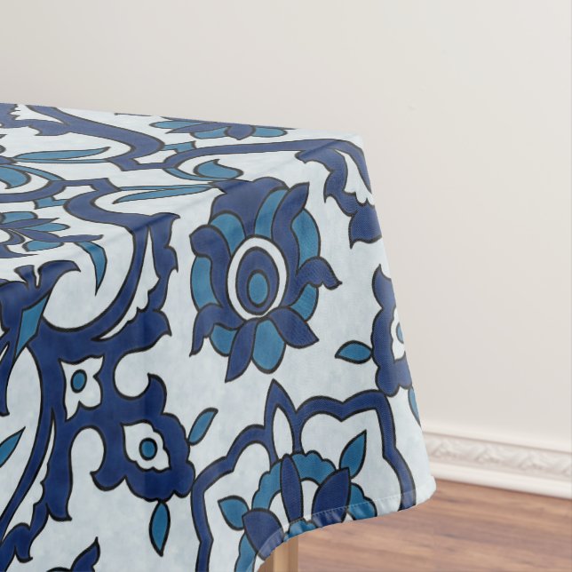 Blue Portuguese Azulejos Floral Tile Pattern Tablecloth (In Situ)