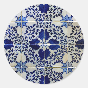 Blue, Portuguese Tiles Classic Round Sticker