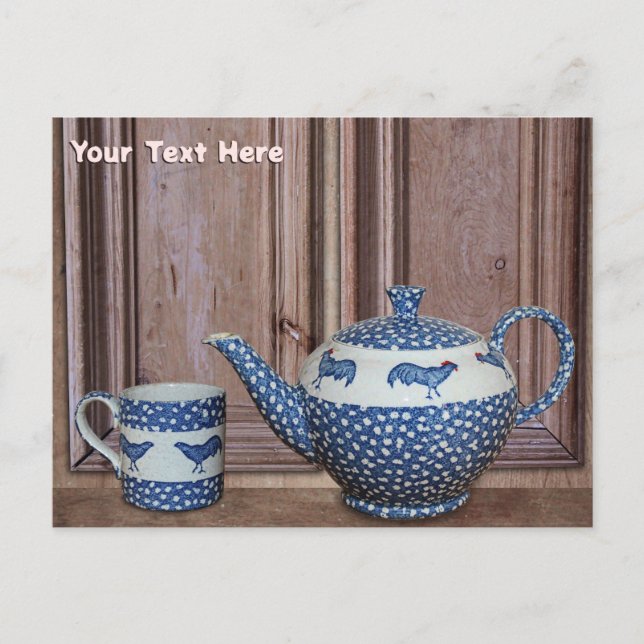 Blue Poultry Teapot And Cup Postcard (Front)
