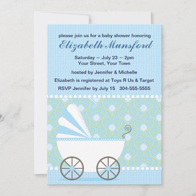 Blue Pram Baby Shower Invitation (Front)