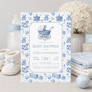 Blue Pram Stroller Boy Baby Shower Vintage Toys Invitation