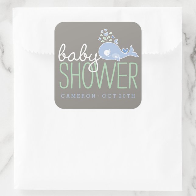 Blue Pregnant Mummy Whale Boy Baby Shower Party Square Sticker (Bag)