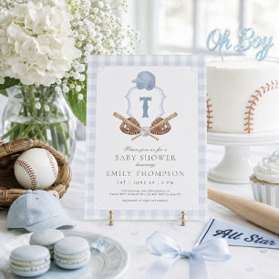Blue Preppy Baseball Crest Baby Shower Invitation