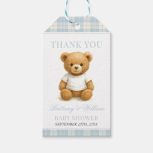 Blue Preppy Bear Modern Plaid Baby Shower Gift Tags