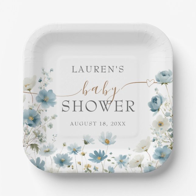 Blue Preppy Flowers Watercolor Baby Shower Paper Plate (Front)