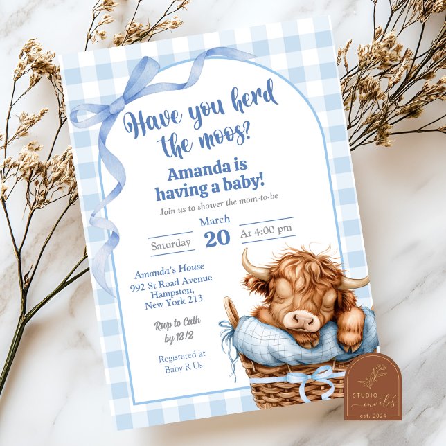 Blue Preppy Gingham Cow Baby Shower Invitation (Creator Uploaded)