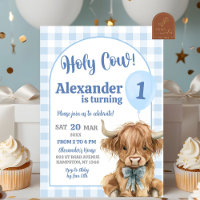 Blue Preppy Gingham Cow Boy First Birthday