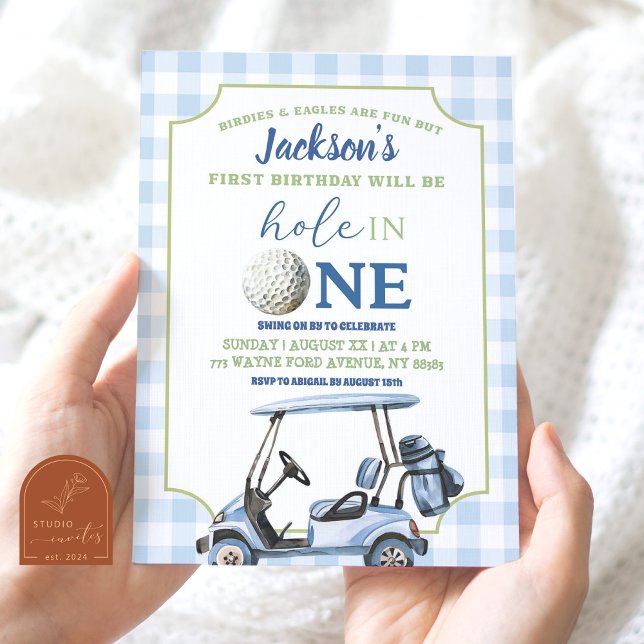 Blue Preppy Hole In One Boy First Golf Birthday Invitation (Creator Uploaded)