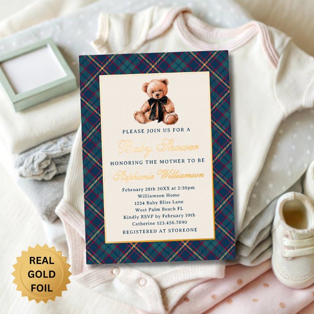 Blue Preppy Plaid Vintage Teddy Bear Baby Shower (Creator Uploaded)