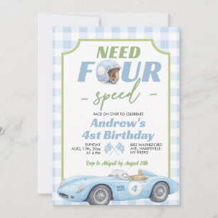 Blue Preppy Retro Need Four Speed Birthday Inv Invitation