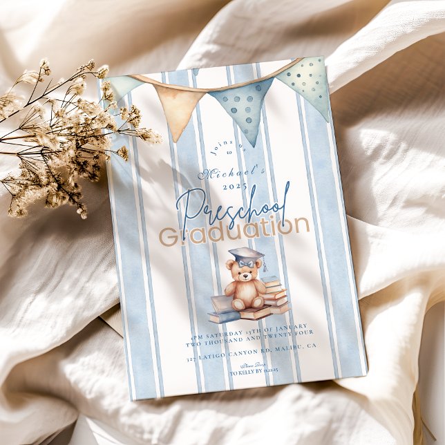 Blue Preschool Teddy Bear Graduation Invitation (Creator Uploaded)