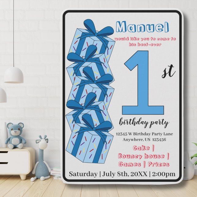 Blue Present 1st Birthday Party Kids Invitation (Creator Uploaded)