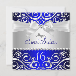 Blue Pretty Diamond bow & Sparkle Swirl Sweet 16 Invitation