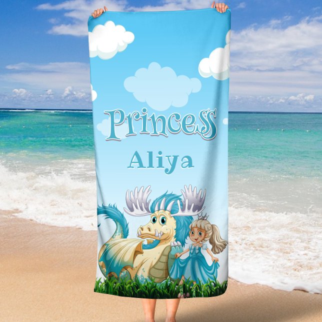 Blue Princess and Dragon Custom Name Beach Towel (Blue Princess and Dragon Custom Name Beach Towel)