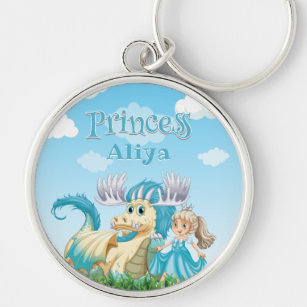 Blue Princess and Dragon Custom Name Key Ring